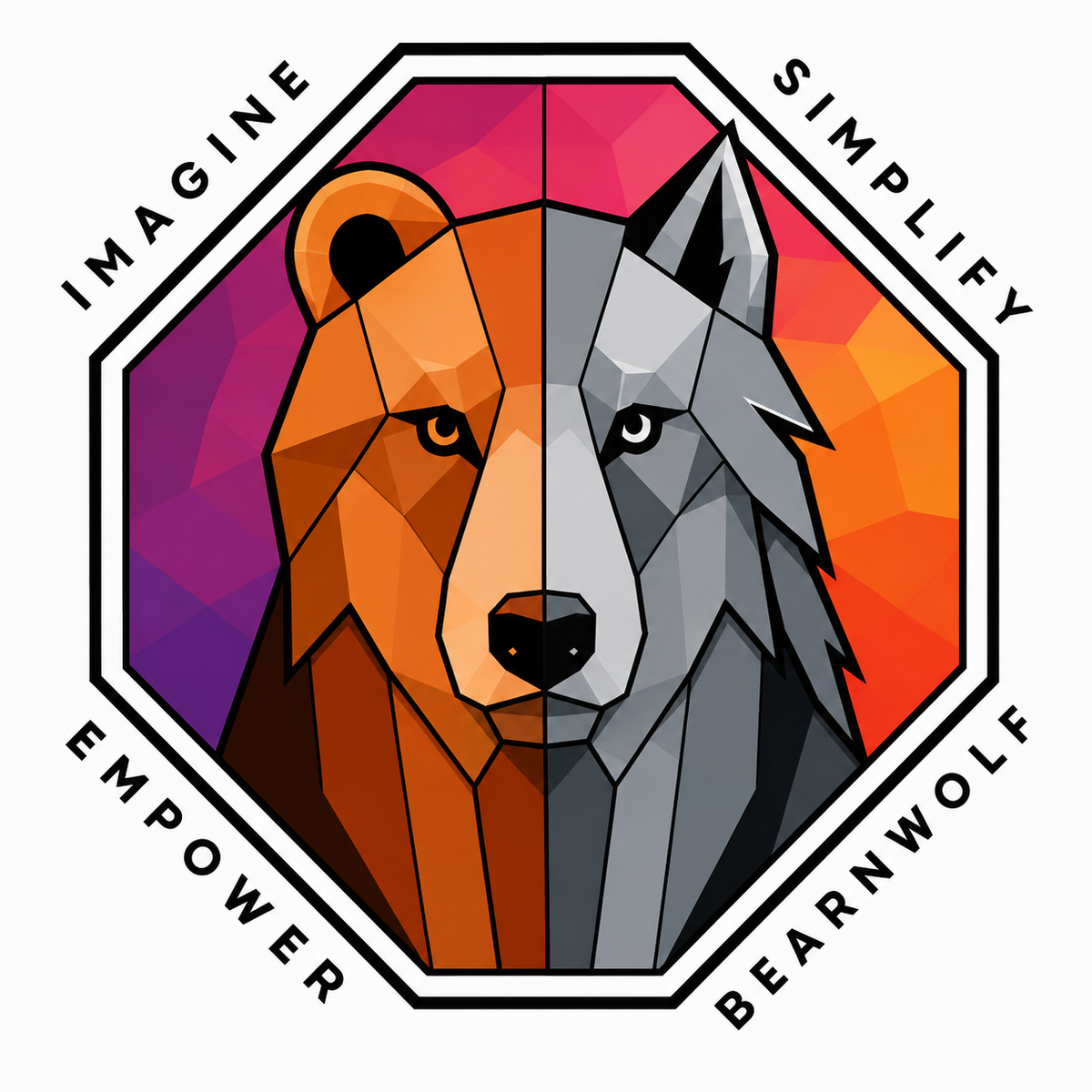 BearNWolf logo featuring a geometric bear and wolf with the words Imagine, Simplify and Empower
